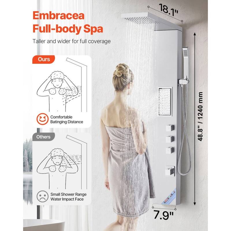 Silver Stainless Steel 3-in-1 Shower Panel with Rainfall, Massage and Handheld - 53.0x 7.9x 18.1 inch