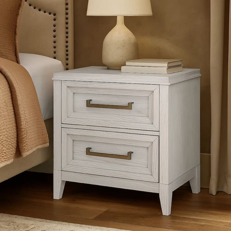 Leva Nightstand, 28 Inch, Distressed White Acacia Wood, 2 Drawers