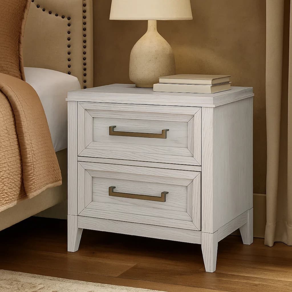 Leva Nightstand, 28 Inch, Distressed White Acacia Wood, 2 Drawers
