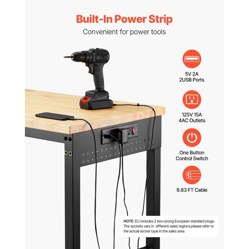 Black and Natural Oak Adjustable Height Workbench with Power Strip, Casters and Hooks - Black-Natural
