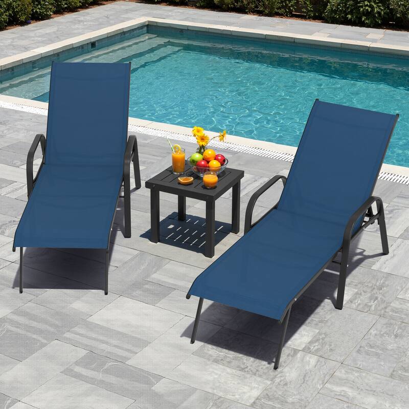 Outdoor Patio Adjustable Back Chaise Lounges Chairs with Arms(Set of 2 ) - NavyBlue