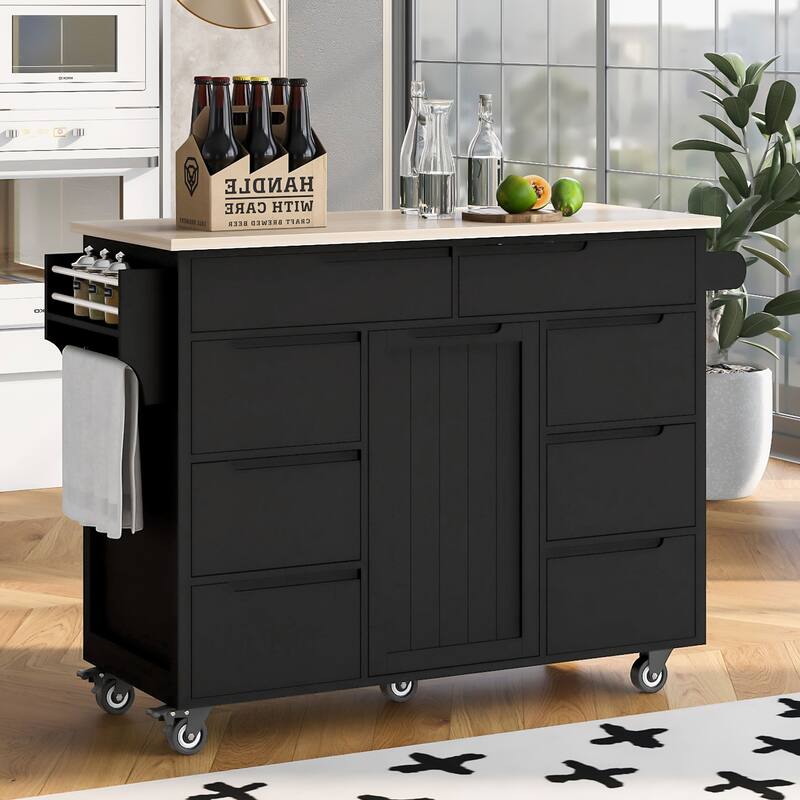Kitchen Island with 8 Handle-Free Drawers, Rubber Wood Top, Flatware Organizer & 5 Wheels for Storage & Organization