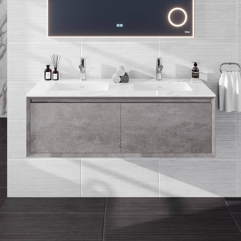 Aurora 36 in. Concrete Gray Wall Mount Single Sink Bath Vanity with Carrara Quartz Top and Undermount Porcelain Sink - 48" - Double - Concrete Gray