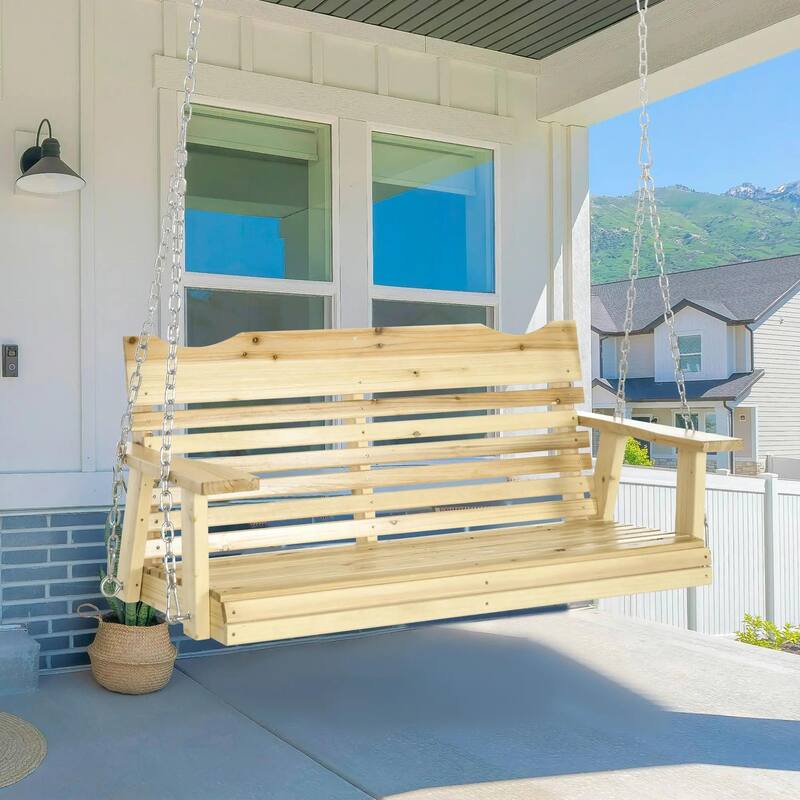 Heavy-Duty 2-Seat Wooden Porch Swing,440lb Capacity,Cup Holders,Chains