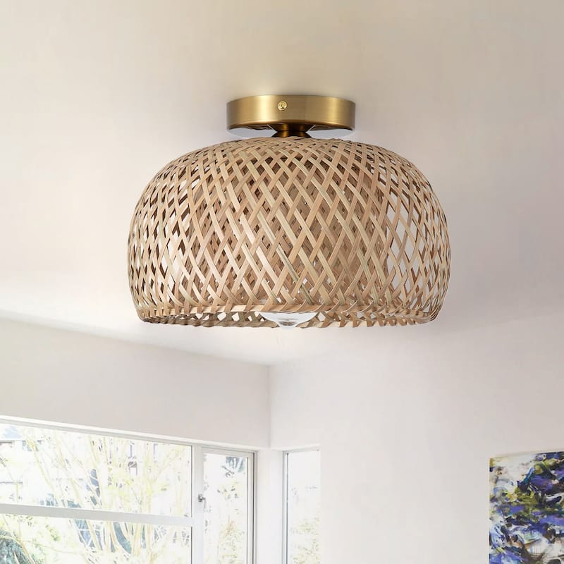 Farmhouse 1-Light Hand-Woven Semi Flush Mount Ceiling Light with Natural Bamboo Shade - Gold