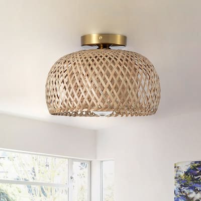 Farmhouse 1-Light Hand-Woven Semi Flush Mount Ceiling Light with Natural Bamboo Shade