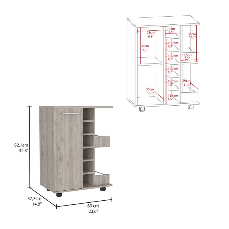 Bar Cart, Four Casters, Six Wine Cubbies, Single Door Cabinet