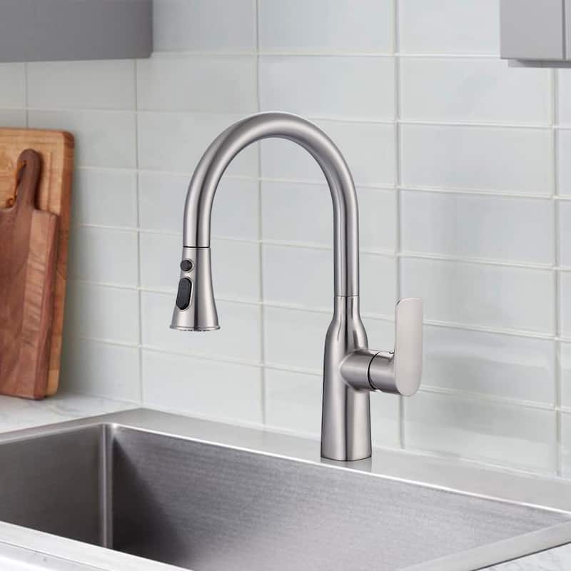 WOWOW 3-Functions Single-Handle Pull Down Sprayer Kitchen Faucet