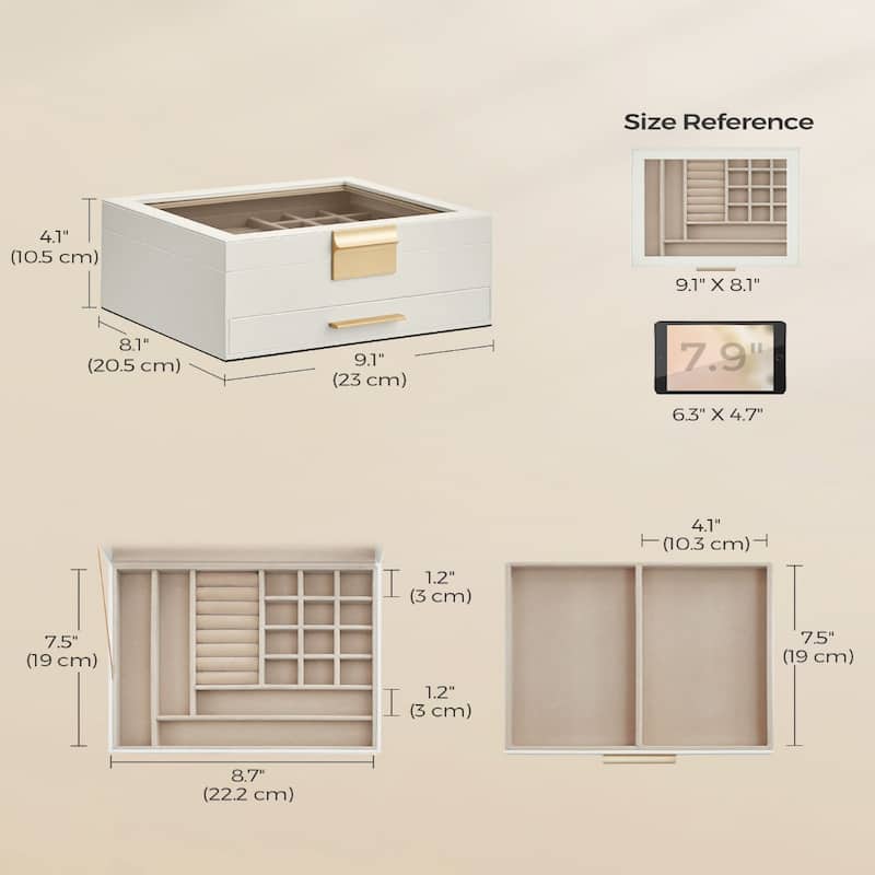 Modern Jewelry Organizer with Multiple Drawers Glass Top and Velvet Interior for Storage