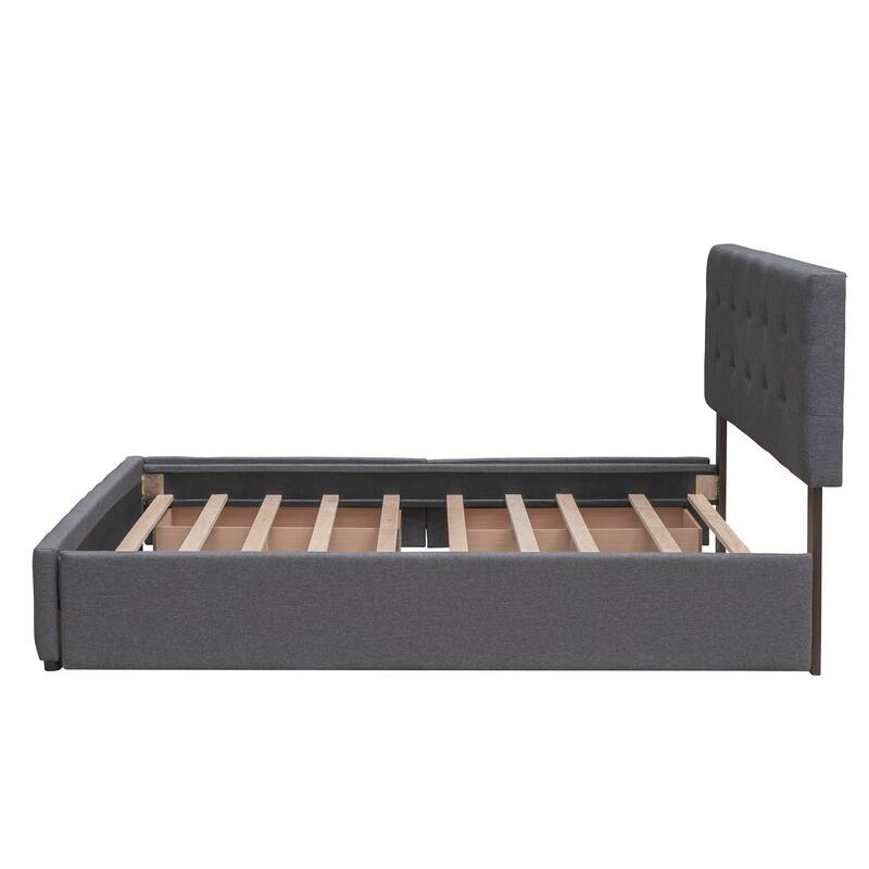 Queen Size Upholstered Platform Bed with Twin XL Trundle, Wooden Storage Bed Frame with 2 Drawers & Button Tufted Headboard