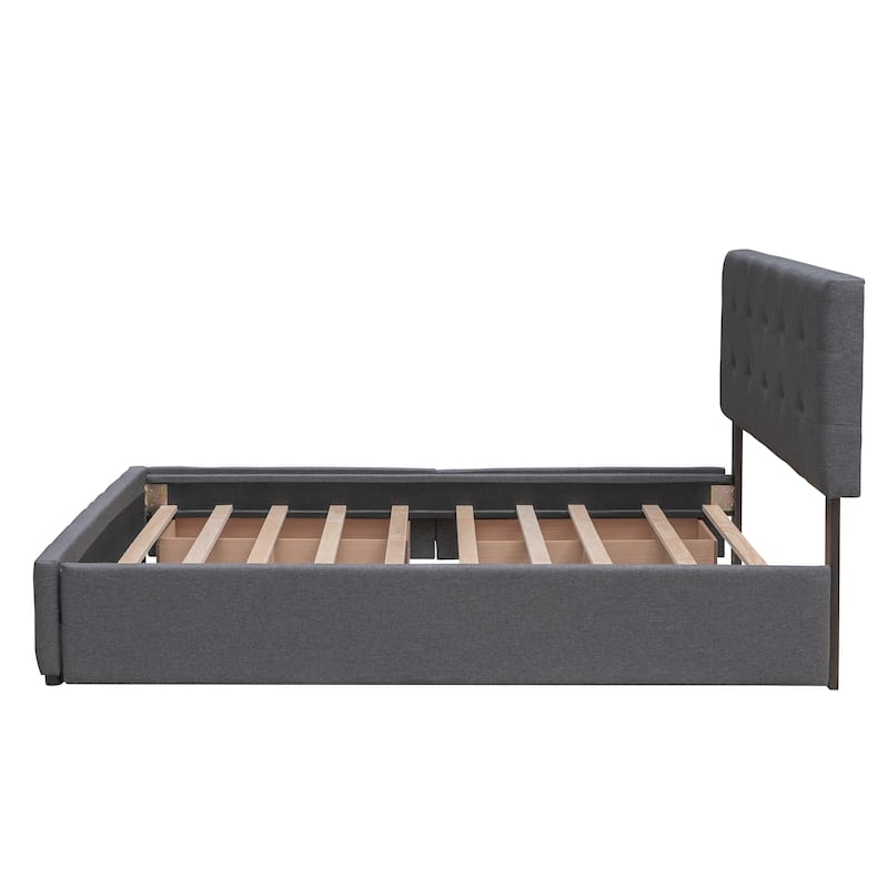 Upholstered Platform Bed with 2 Drawers and 1 Twin XL Trundle, Linen Fabric, Queen Size - Dark Gray
