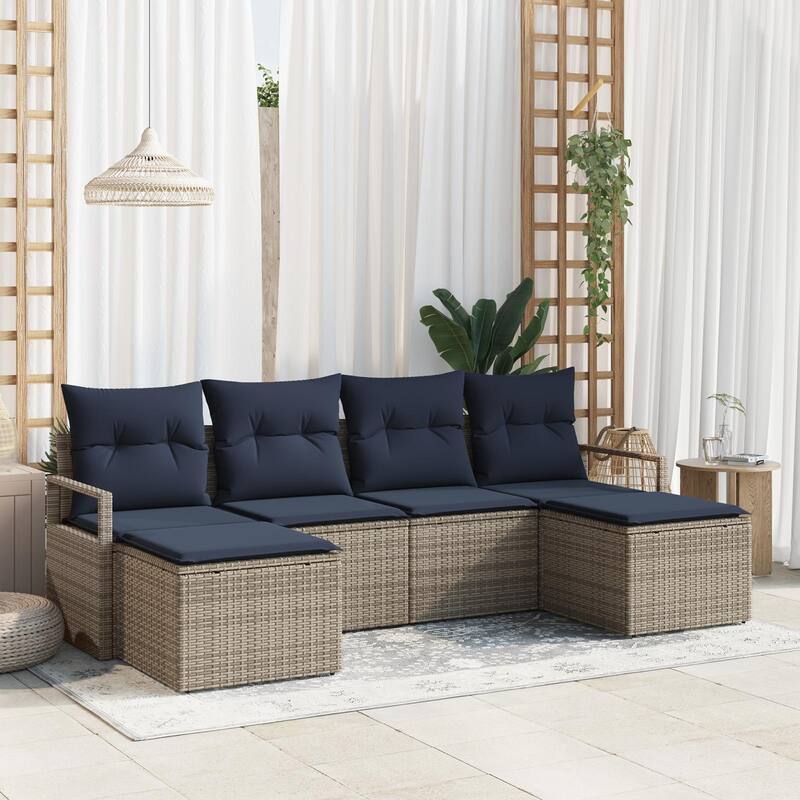 vidaXL 6 Piece Garden Sofa Set with Cushions Brown/Grey/Black Poly Rattan - 90.6×24.4×27.2 - Grey