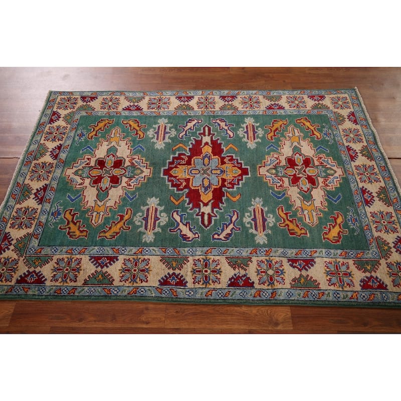 Oriental Green Geometric Kazak Area Rug Handmade Wool Carpet - 4'0" x 5'9"