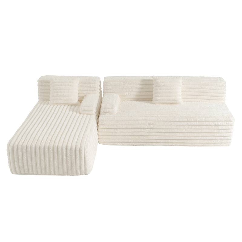 L Shape Modular Sectional Sofa with Chaise, Full-Compressed Boneless Couches, Faux Fur 3 Seat Sofa with 2 Throw Pillows