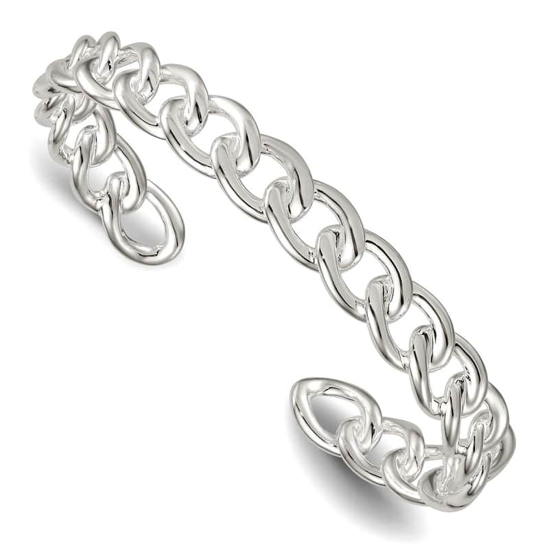 Curata 925 Sterling Silver 8.5mm Flat Curb Links Adjustable Cuff Bangle Bracelet