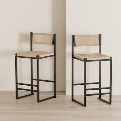 Paper Rope Woven Bar Stools Set of 2, Dining Chairs with Metal Frame, Kitchen Bar Stools with Back and Footrest
