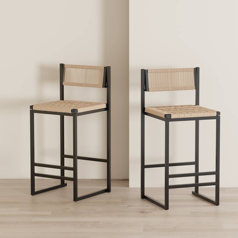 Set of 2 Paper Rope Bar Stools with Footrest, Counter Height Dining Chairs for Kitchen - Black & Honey