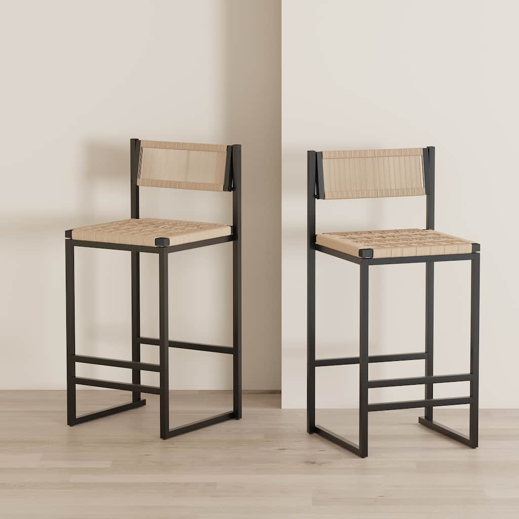 Set of 2 Paper Rope Bar Stools with Footrest, Counter Height Dining Chairs for Kitchen - Black & Honey