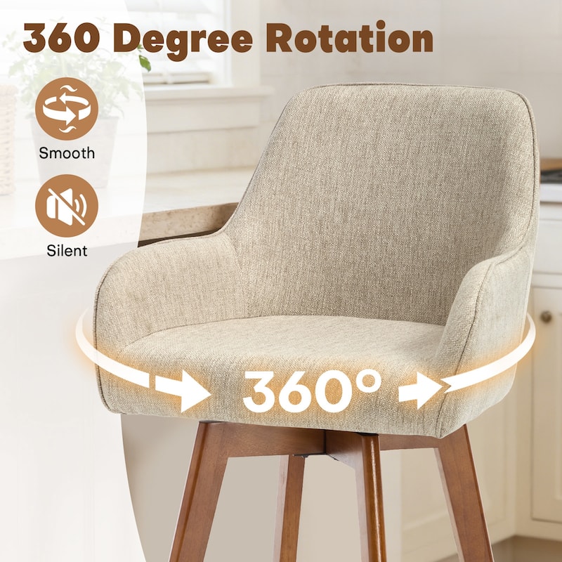 25 Inch Upholstered Swivel Counter Height Bar Stool with Armrests, Solid Wood Legs - 23.6"W x 22.4"D x 40.2"H
