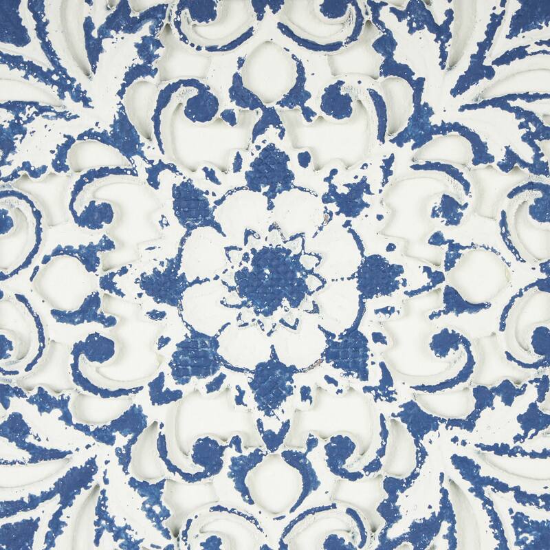 Blue Wood Relief Floral Home Wall Decor with Brown Woven Seagrass Frame and White Backing