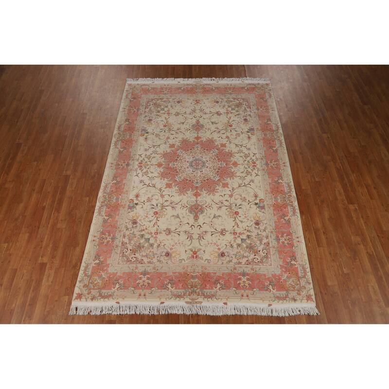 Floral Vegetable Dye Signed Tabriz Persian Rug Handmade Wool Carpet - 6'6"x 9'9"