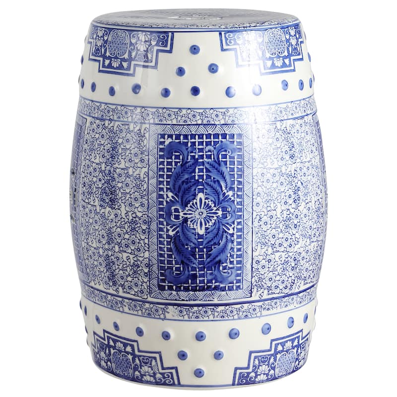 Acanthus 17.8" Chinoiserie Ceramic Drum Garden Stool, Blue/White - Ceramic - Blue