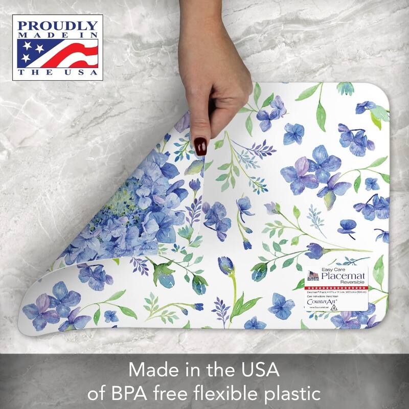 CounterArt Beautiful Hydrangea, Reversible Easy Care Flexible Plastic Placemat 4 Pack Made in The USA