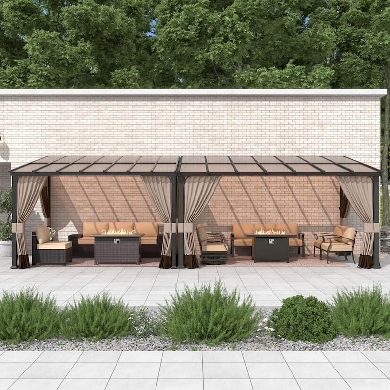 Wall Mounted Gazebo, Hardtop Permanent Outdoor Shade Canopy with Curtains for Deck, Backyard, Patio