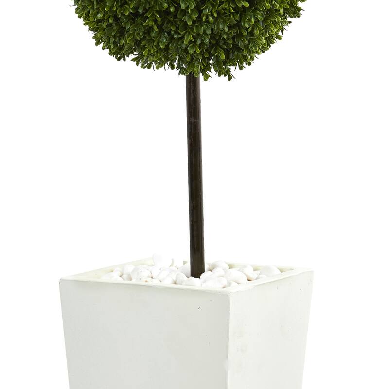 3.5ft Boxwood Ball Topiary Artificial Tree in White Tower Planter with UV Resistant Green Leaves for Bright Interiors