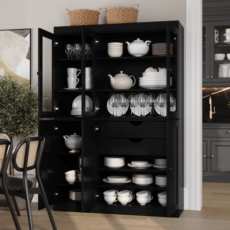 Palace Imports 100% Solid Wood 48.5" Pantry Cabinet with Clear Glass, Shaker Doors, 2-Drawers and Adjustable Shelves - Black