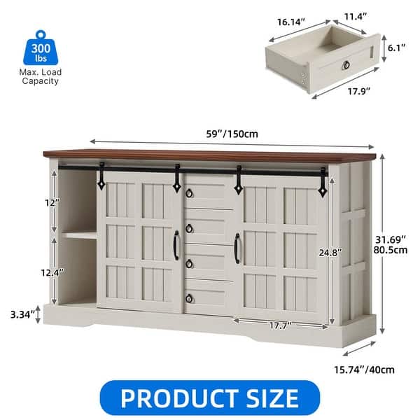 dimension image slide 1 of 3, Farmhouse Sideboard Buffet Cabinet with Storage-Sliding Barn Doors and 4 Drawers