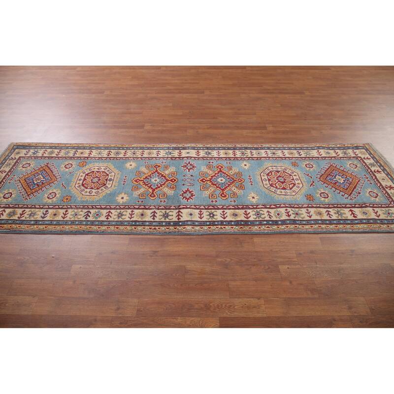 Hand Knotted Oriental 100% Wool Carpet Traditional Geometric Navy Blue & Blues Kazak Runner Rug - 9' 0'' X 2' 9''