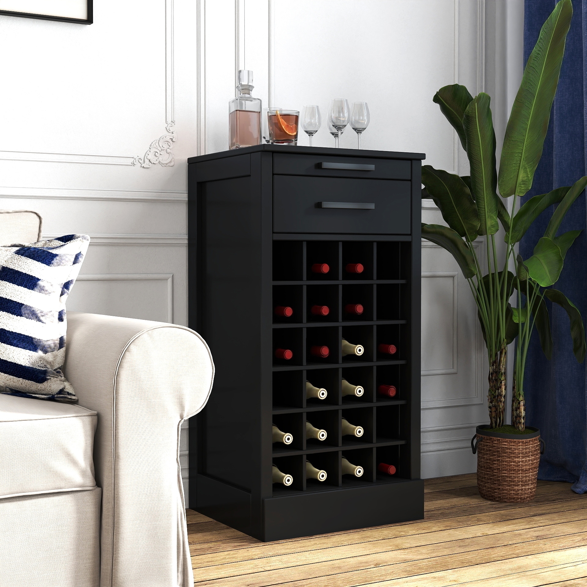 24-Bottle Modular Wine Storage Unit in Black – Buffet Style.