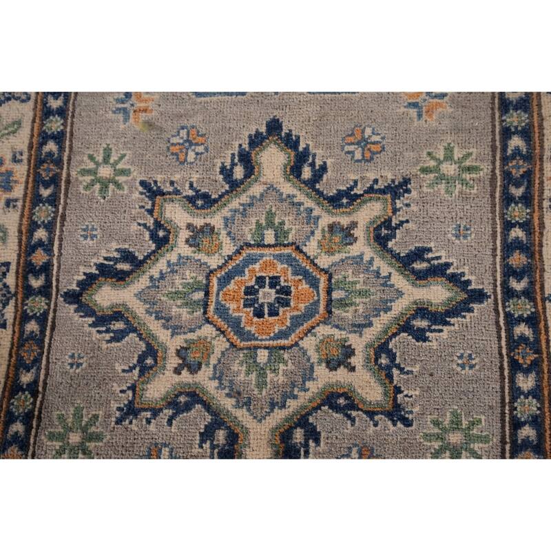 Geometric Kazak Foyer Rug Handmade Grey Wool Carpet - 2'9" x 4'0"
