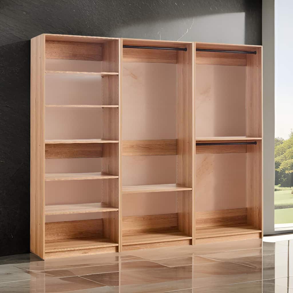 Dee Modular Closet System, 3 Clothing Racks, 6 Shelves in Oak Brown Wood