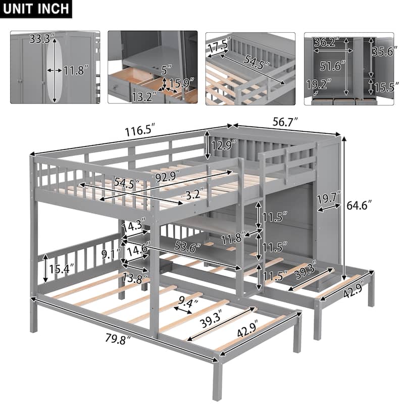 Bunk Bed with Shelves, Wardrobe and Mirror