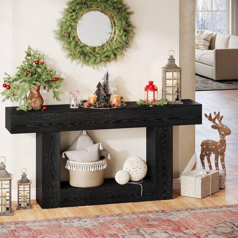 63 Inches Brown/ Gray Wood Hallway Table, Farmhouse Console Table for Entryway