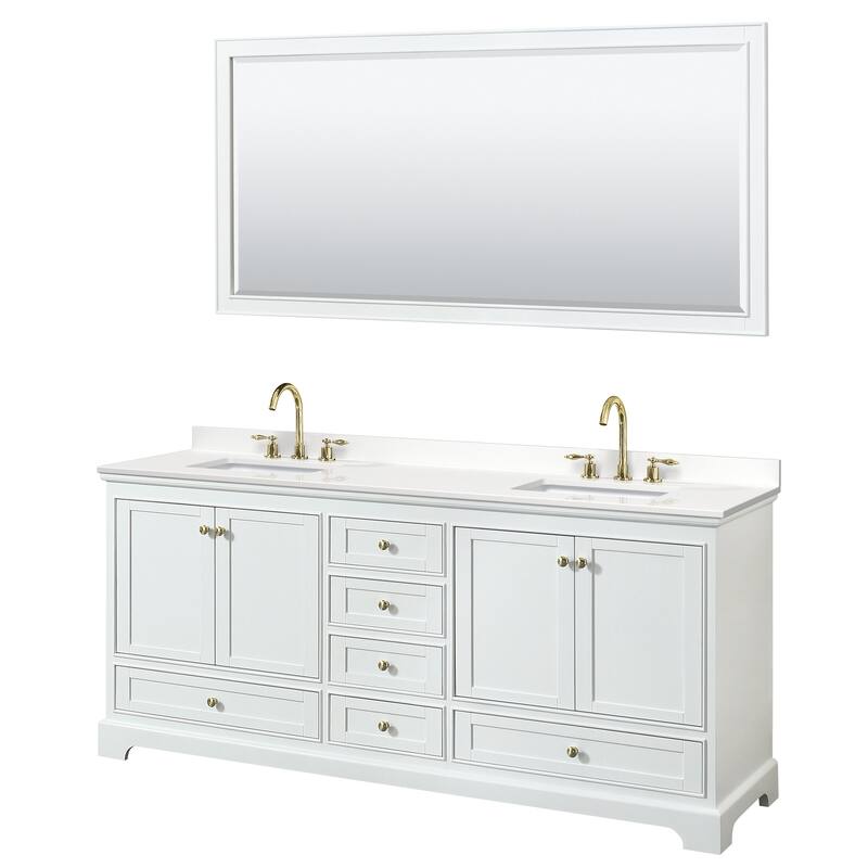 Deborah 80-inch Double Vanity, Quartz Top, 70-inch Mirror - White, Gold Trim, White Quartz Top