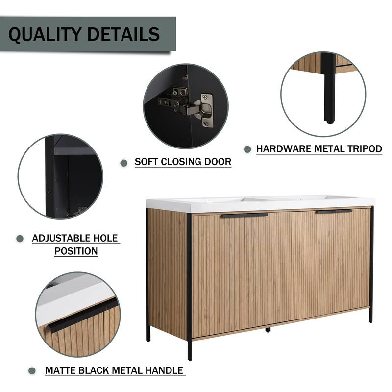 59-inch Double Sink Bathroom Vanity with Adjustable Shelves, Soft-Close Hinges, Resin Basin