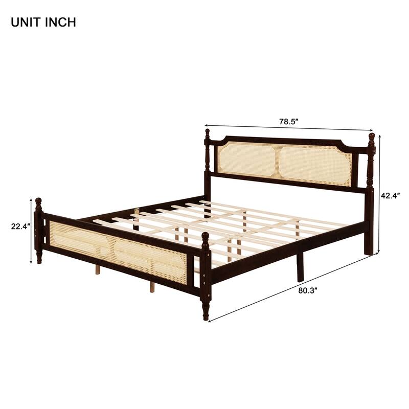 King Pine wooden Bed with Rattan Headboard and Footboard