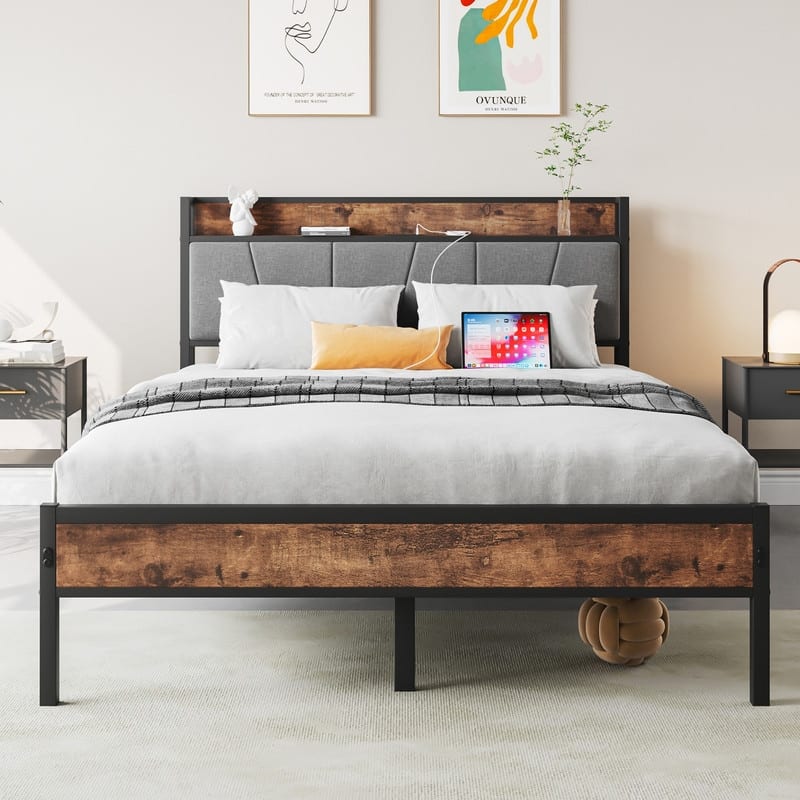 Metal&Wood Platform Bed with Storage Linen Headboard and Charging Station - Full