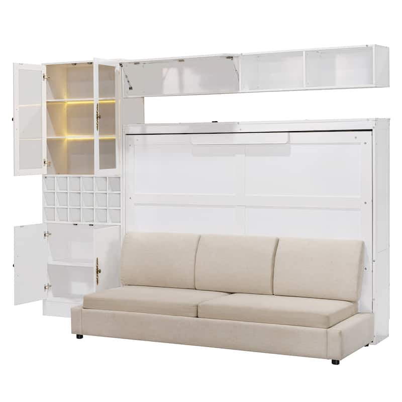Multifunctional Full Size Murphy Bed Storage Wall Bed with Sofa, USB, Glass Door Cabinet, Wine Rack and Shelves, Foldable Design