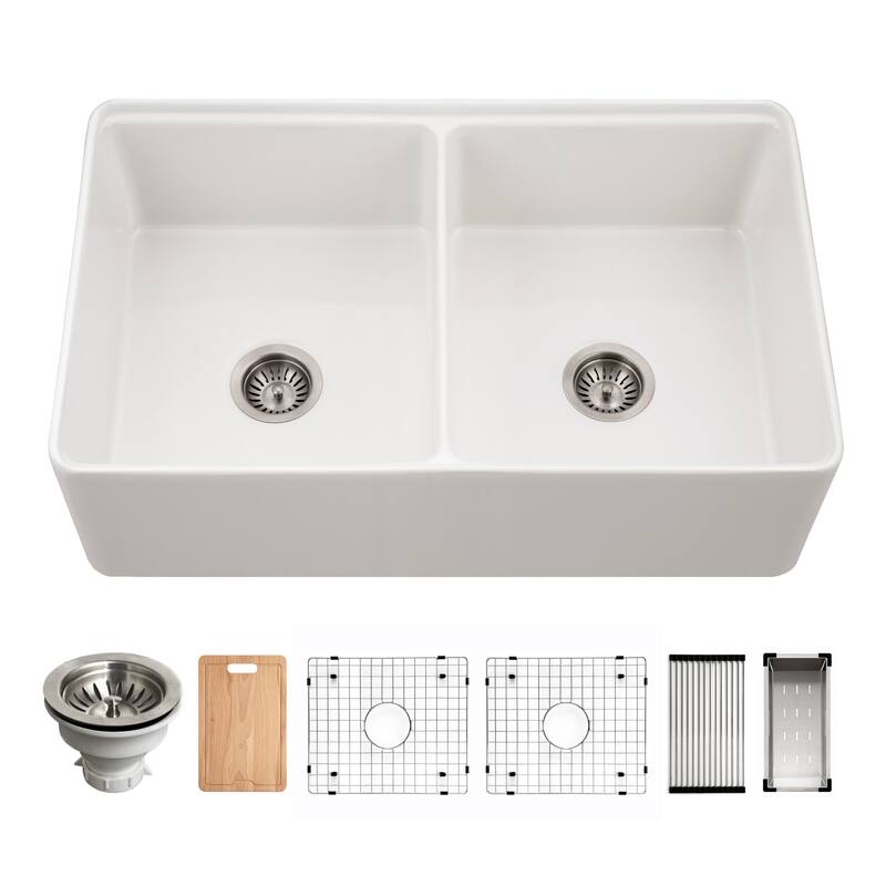Houzer PTW-3320SD Aspire 33" Farmhouse Double Basin Fireclay Kitchen - White