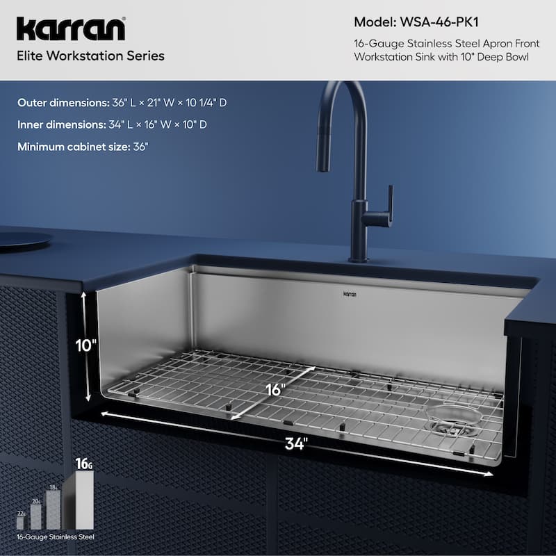 Karran Elite WSA-46-PK1 Apron Front Farmhouse 36" Single Bowl Stainless Steel Workstation Sink