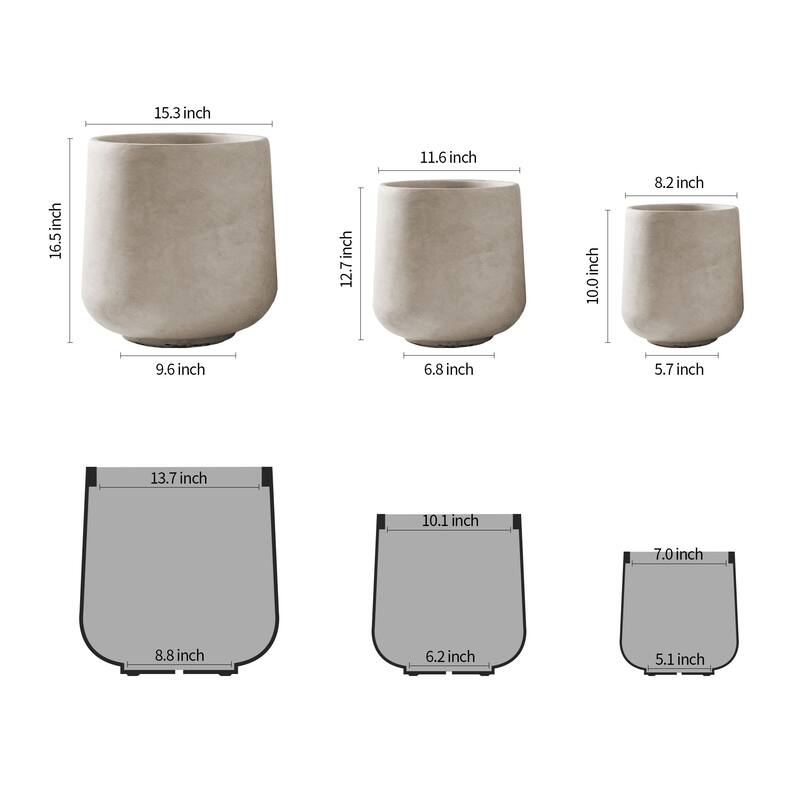 Kante Round Concrete Planter (Set of 3 Sizes), Outdoor/Indoor(Concrete Grey)