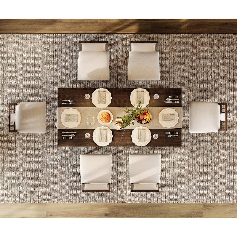7-pieces Farmhouse Dining Table Set for 6, 74.8" Kitchen Table with Chairs, Solid Wood Legs and Upholstered Back