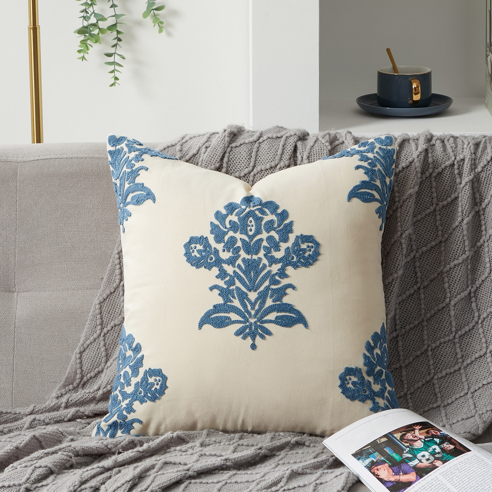Blue White Embroidered Throw Pillow Cover 18x18 in, Floral Branch Poly-Cotton Accent Case for Sofa Bed Patio Decor