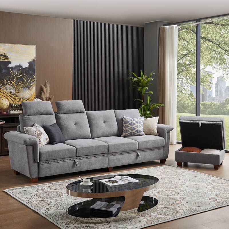 109" Modern 4 Seaters Towelling Sectional Sofa with Hidden Coffee Table Adjustable Headrest and Large Storage Space
