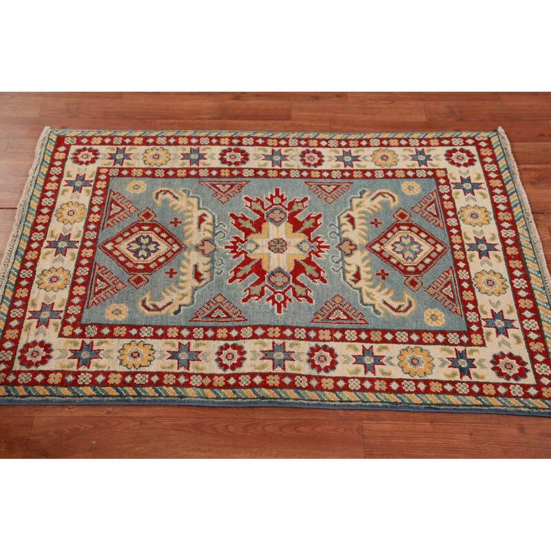 Light Blue Kazak Foyer Rug Hand-Knotted Wool Carpet - 2'8"x 3'9"