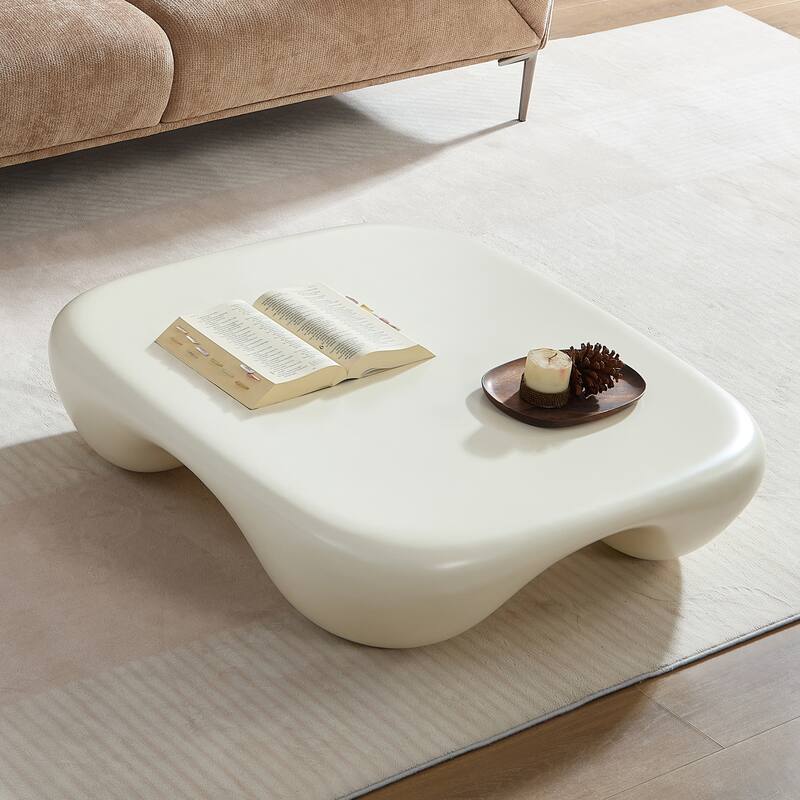 Low Height Profile Rounded Lines Square Shape Coffee Table with Arc-shaped Depression, End Table for Different Scenarios